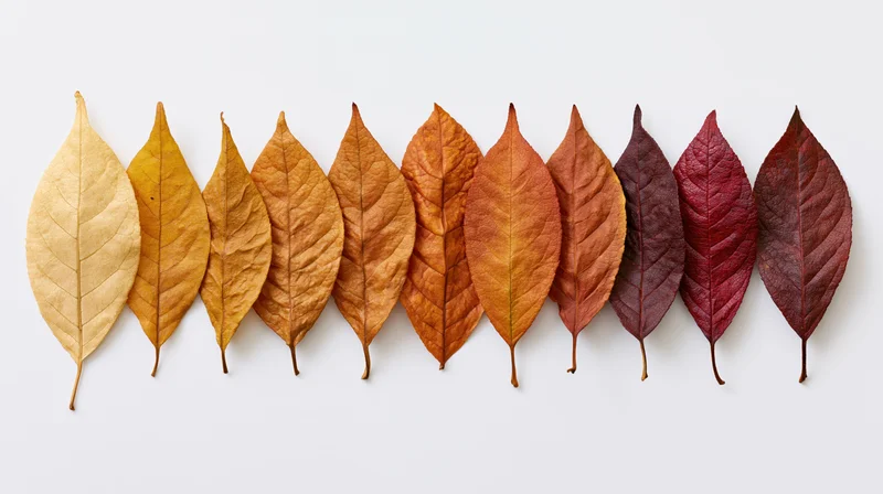 Thirteen dried autumn leaves arranged in a horizontal row on a white background