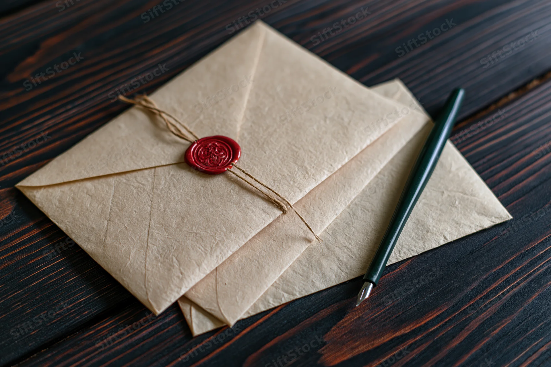 Stacked parchment envelopes with red wax seal and green pen on dark wooden table