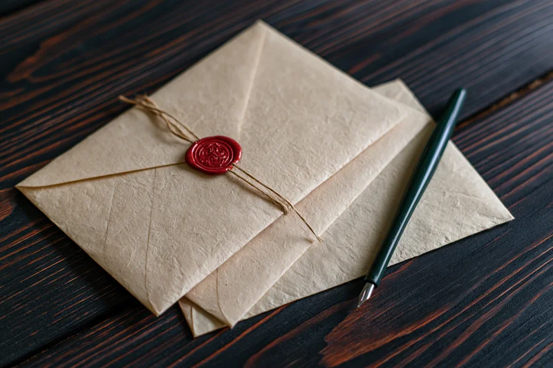 Stacked parchment envelopes with red wax seal and green pen on dark wooden table