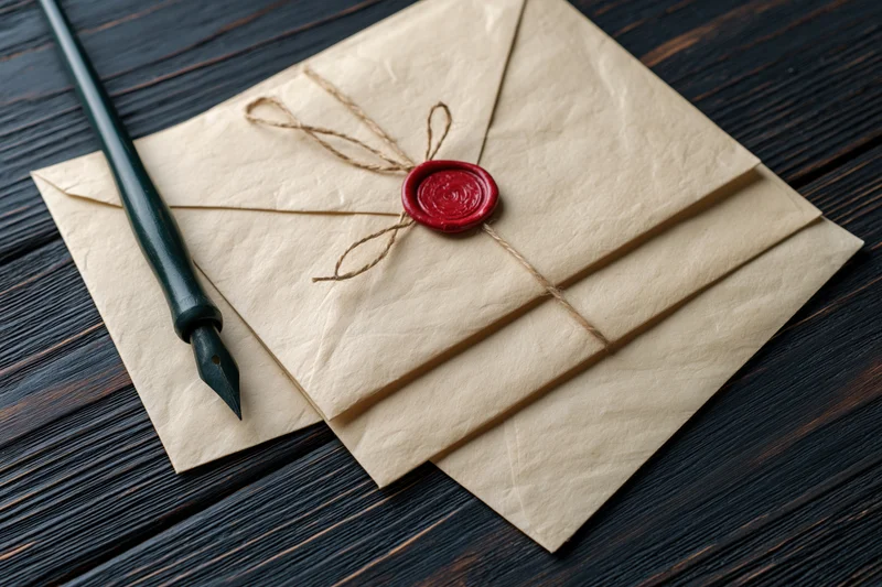 Stacked parchment envelopes with red wax seal and quill pen on dark wooden surface