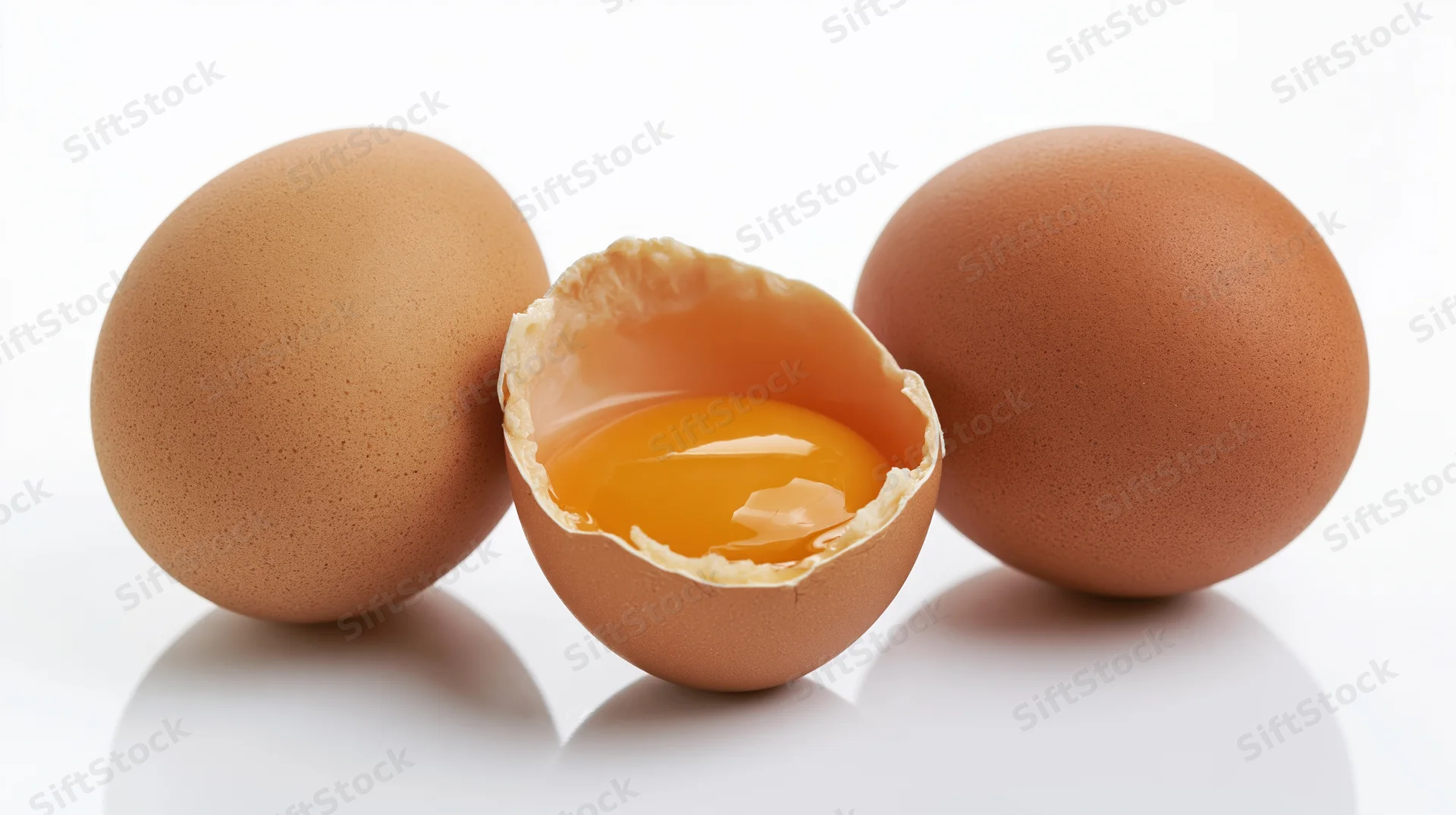 Three brown chicken eggs on white surface one cracked open showing yolk