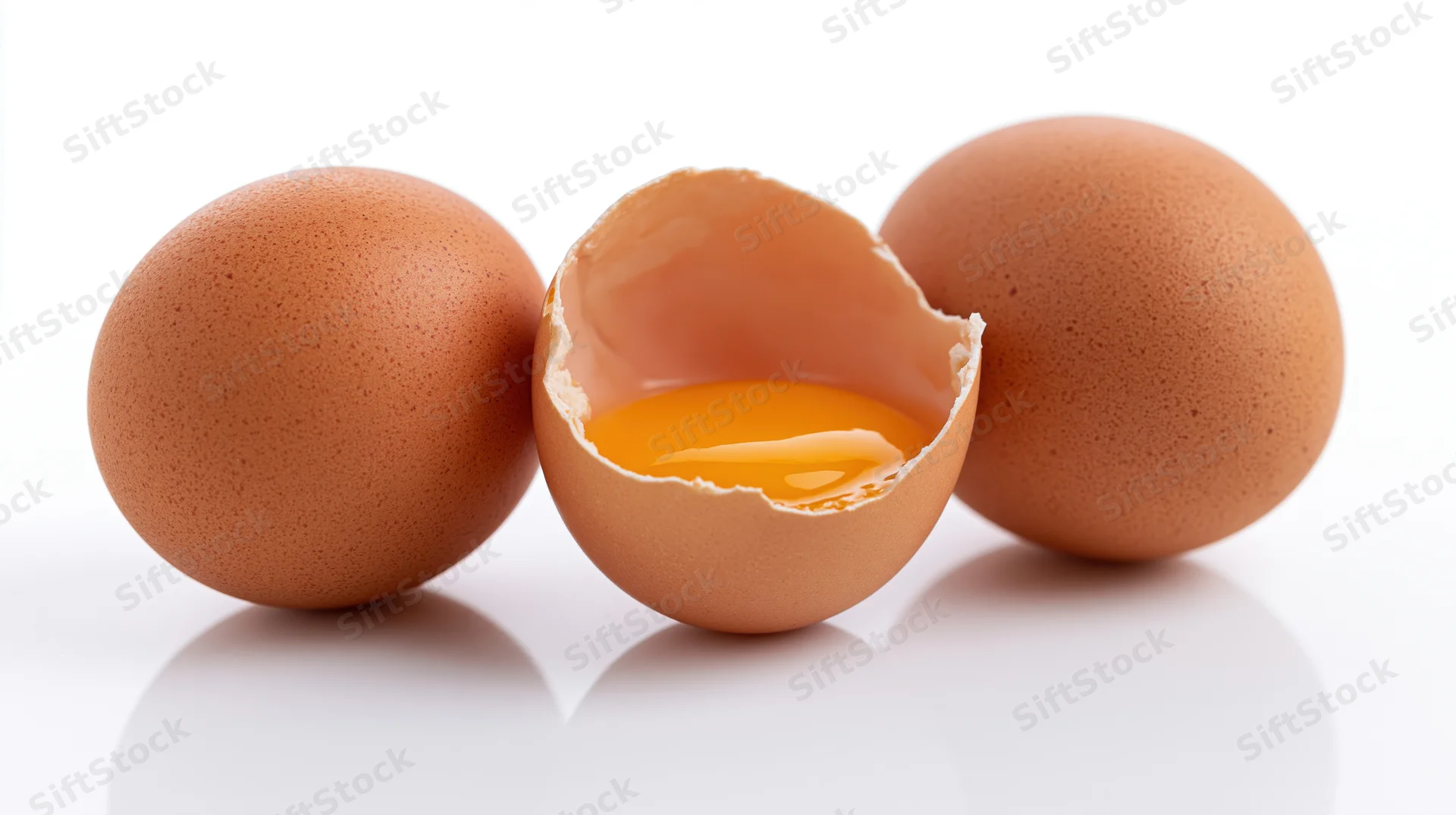 Three brown chicken eggs on white surface one cracked showing yolk