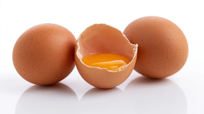 Three brown chicken eggs on white surface one cracked showing yolk