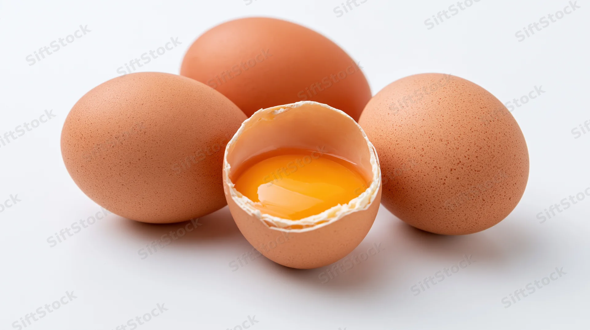 Three brown chicken eggs on white surface one cracked open showing yolk