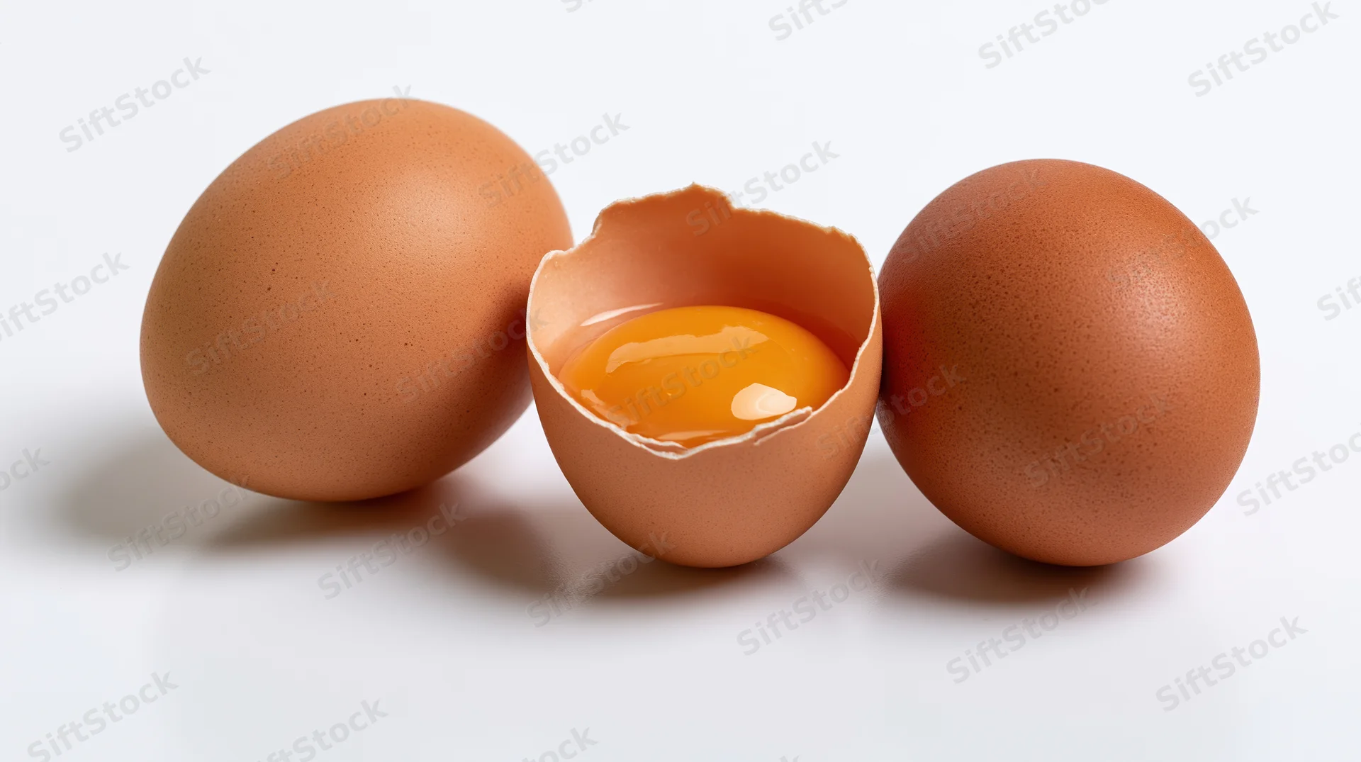 Three brown chicken eggs on white surface one cracked open showing yolk