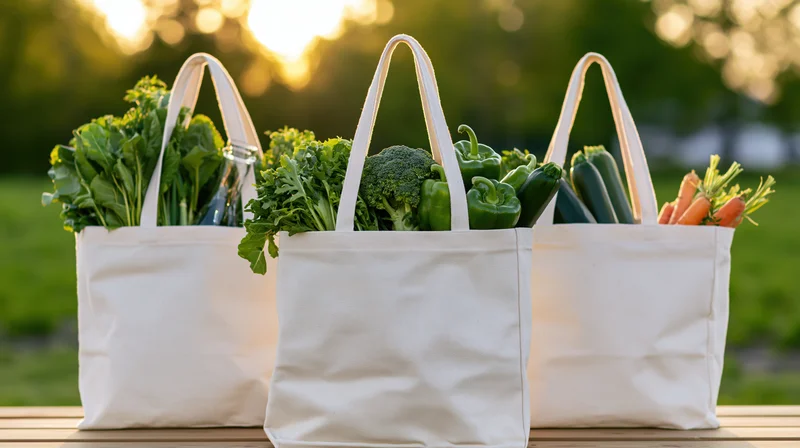 Three cream canvas tote bags filled with fresh vegetables arranged on a wooden bench outdoors at dusk