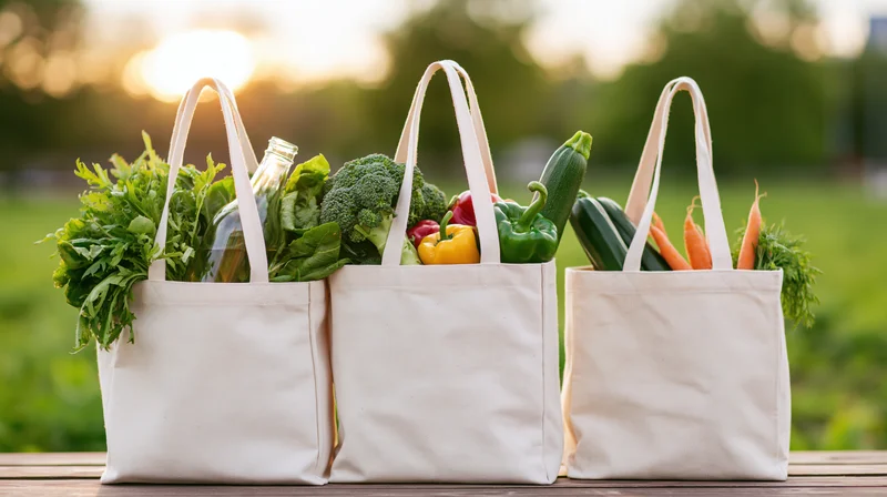 Three cream canvas tote bags filled with fresh vegetables on a wooden table outdoors at sunset