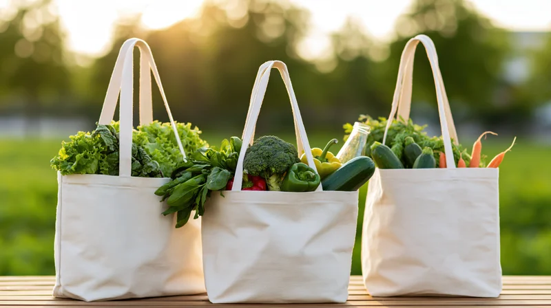Three cream canvas tote bags filled with fresh vegetables arranged on a wooden table outdoors