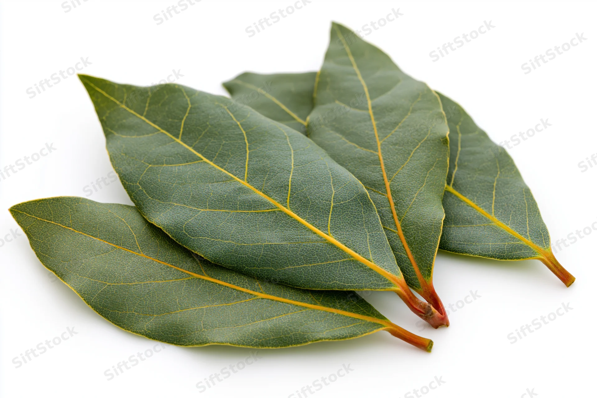 Fresh bay laurel leaves arranged in loose overlapping pattern on white background