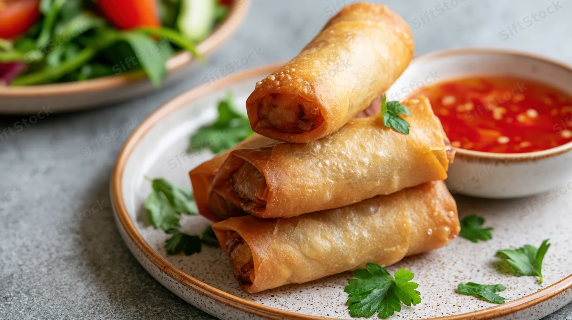 Three golden-brown fried spring rolls stacked on a speckled ceramic plate with dipping sauce and fresh herbs