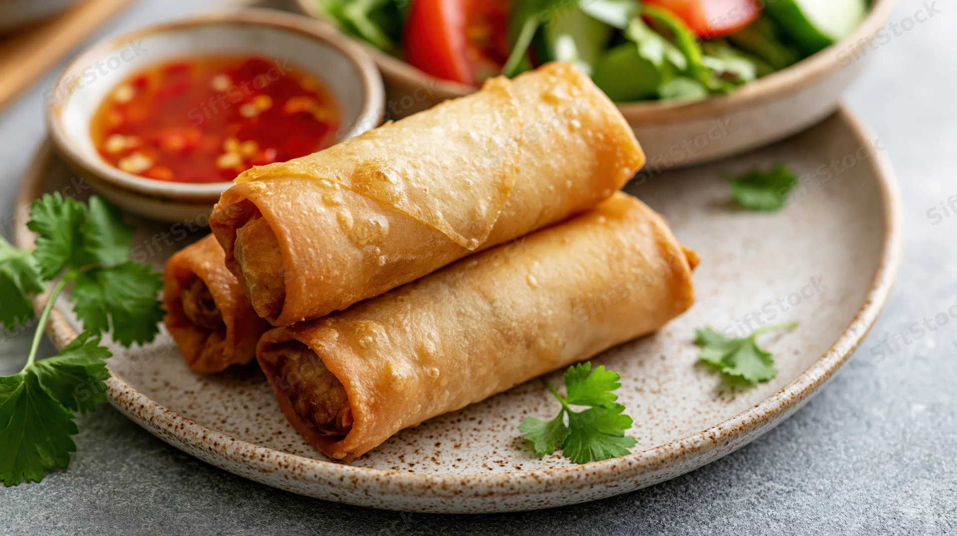 Golden-brown fried spring rolls stacked on a speckled ceramic plate with cilantro garnish and dipping sauce nearby