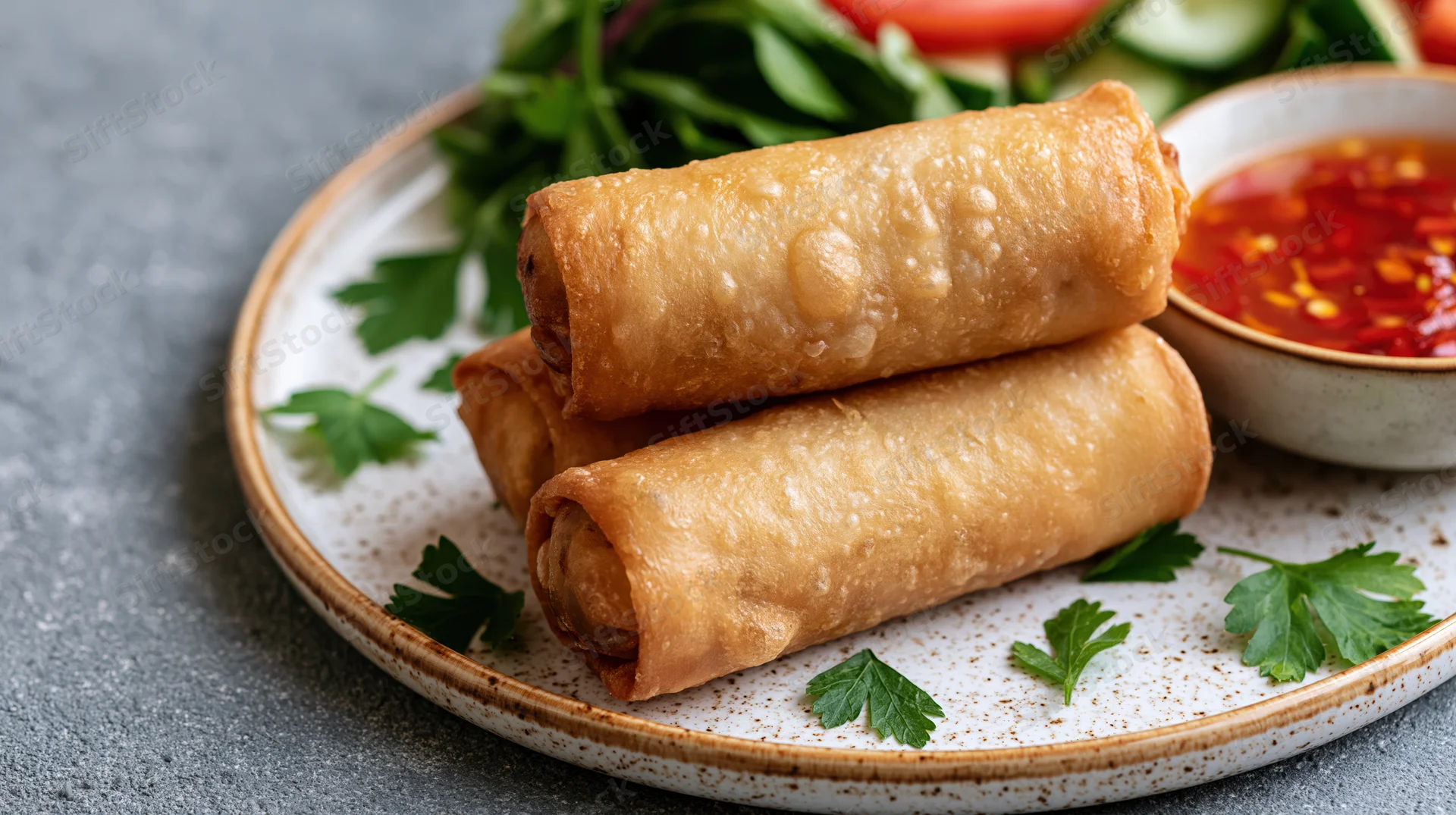 Golden-brown fried spring rolls stacked on a speckled ceramic plate with fresh herbs and dipping sauce