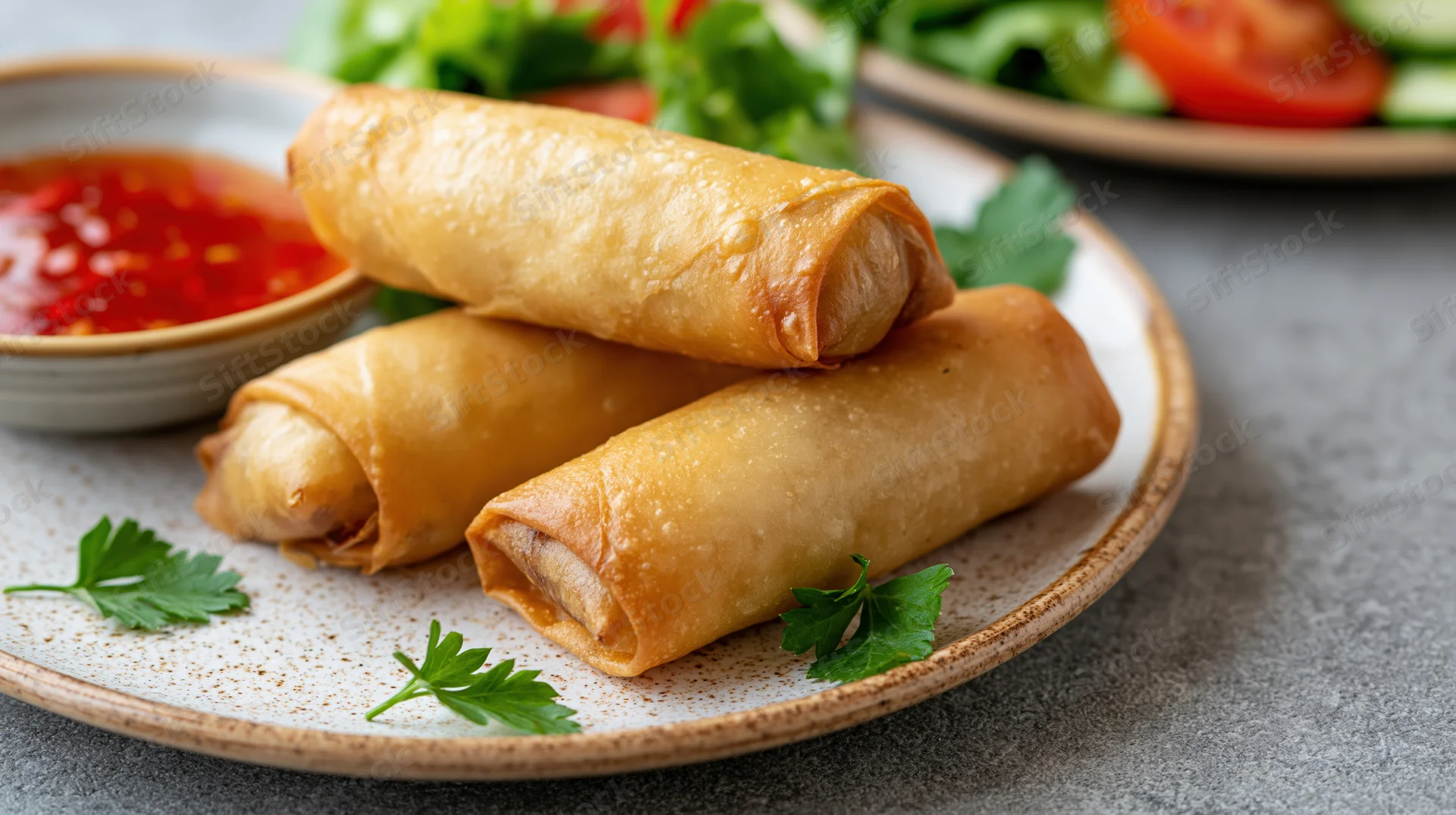 Three golden-brown fried spring rolls stacked on a speckled ceramic plate with chili dipping sauce and parsley garnish