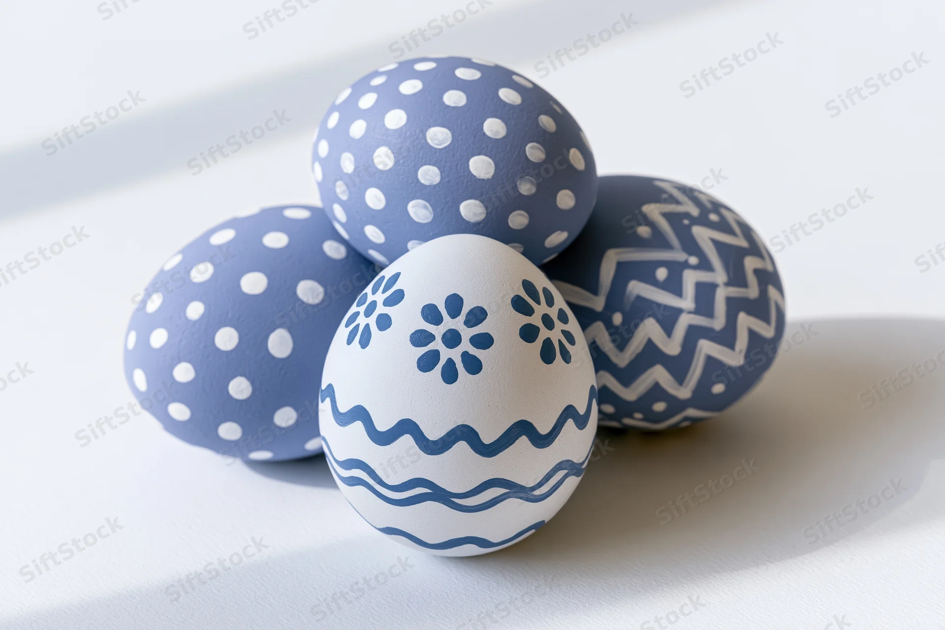 Four hand-painted easter eggs with blue and white patterns arranged in a loose triangular formation on a white surface