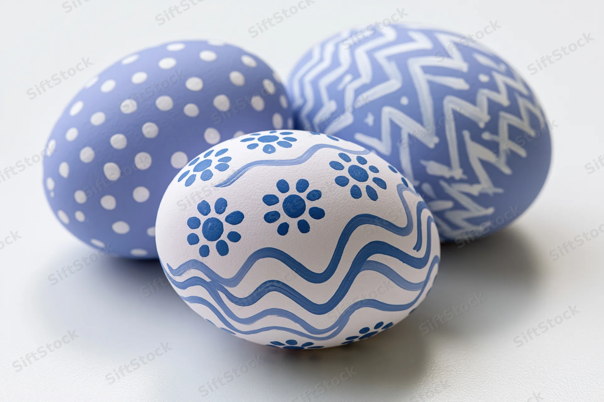 Three hand-painted easter eggs with blue and white patterns arranged in a loose triangle on a white surface