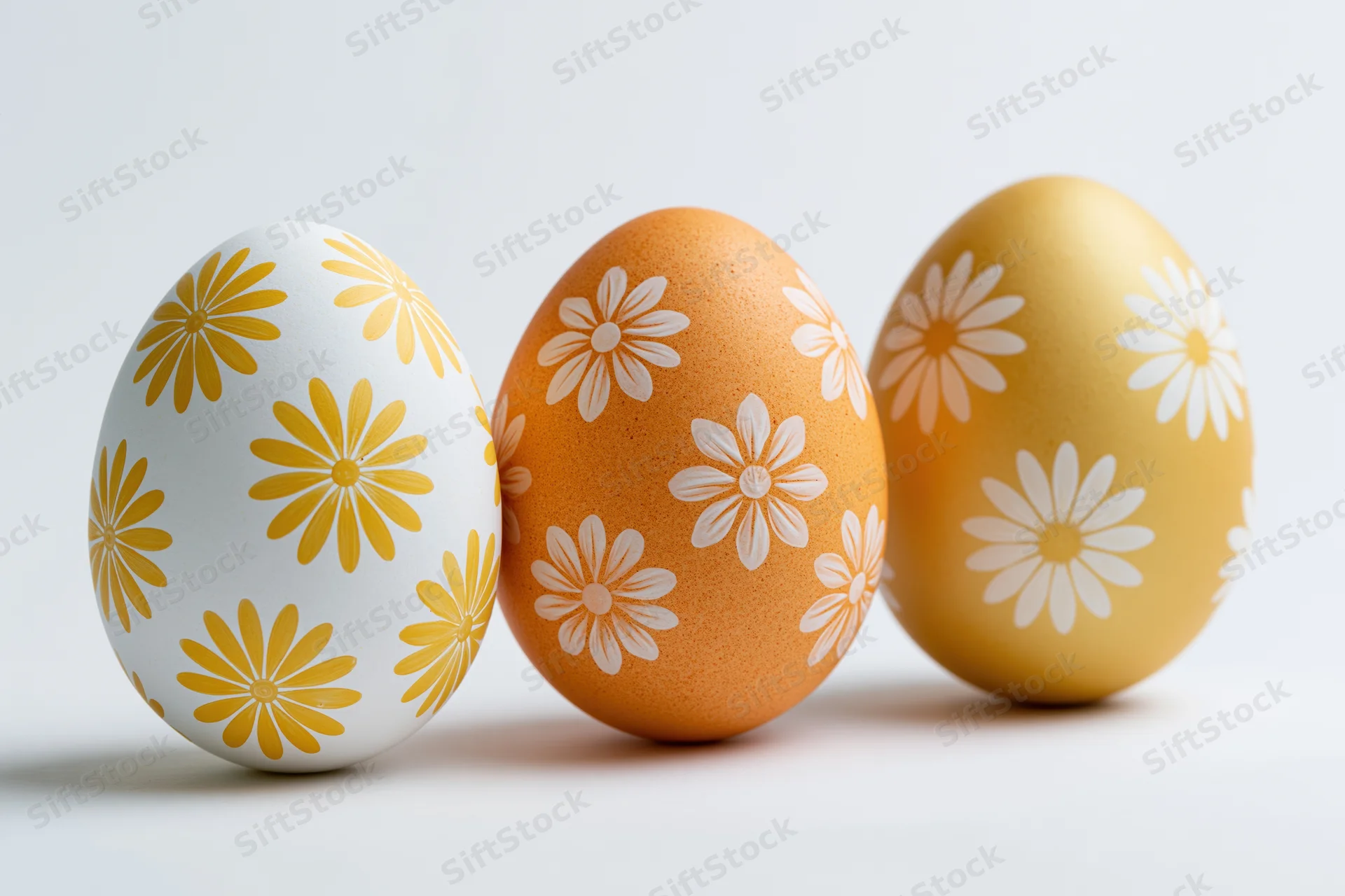 Three decorated easter eggs with floral patterns arranged in a row on a white surface