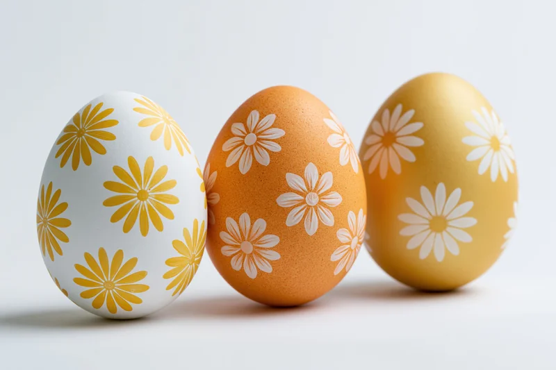 Three decorated easter eggs with floral patterns arranged in a row on a white surface