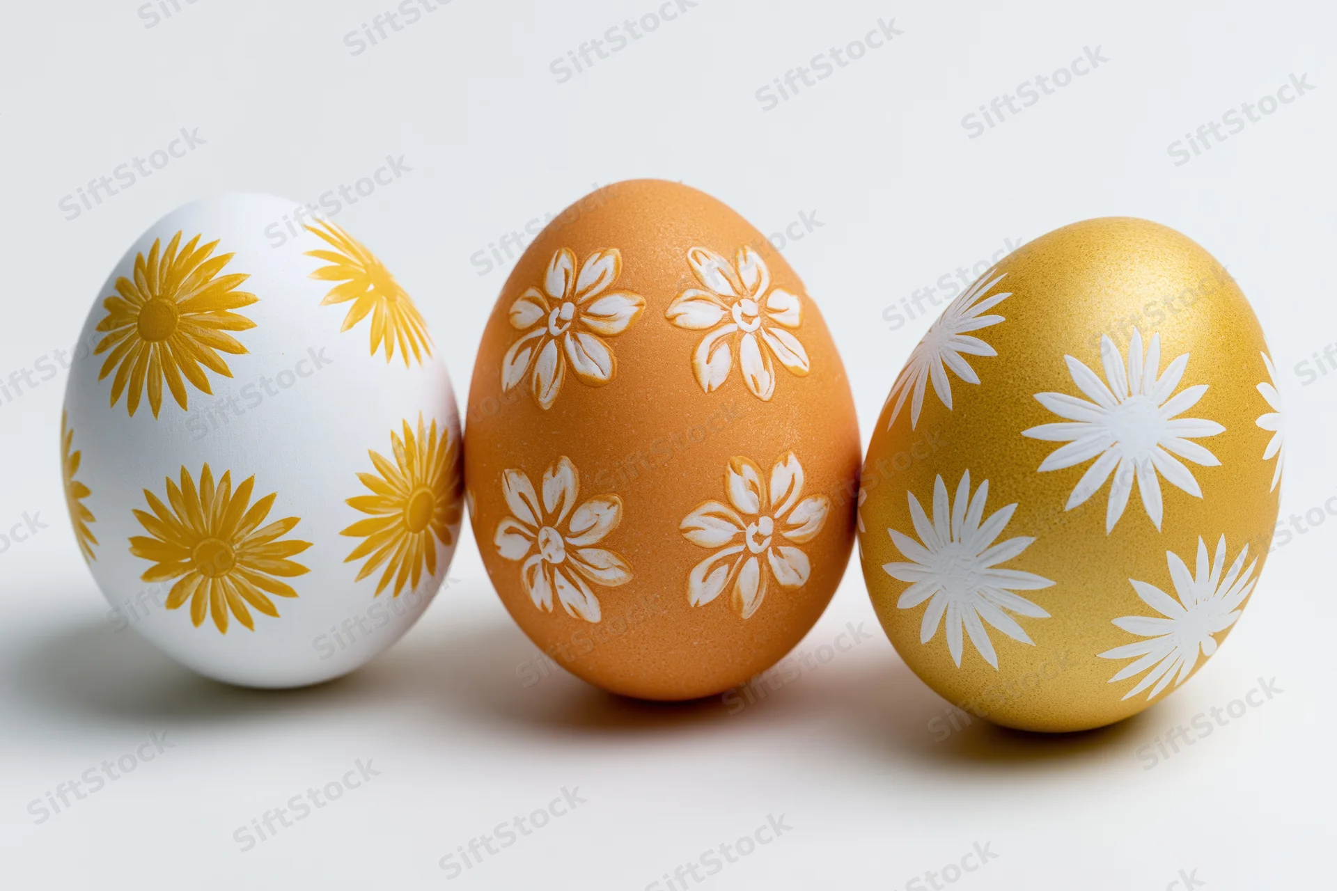Three decorated easter eggs in a row on a white surface