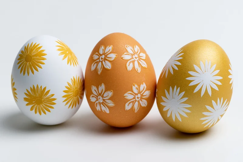 Three decorated easter eggs in a row on a white surface