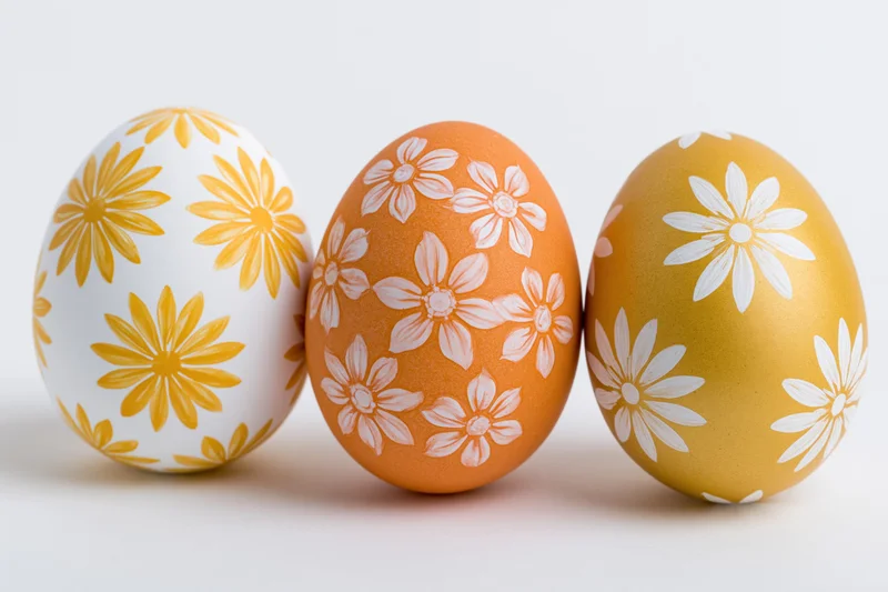 Three hand-painted easter eggs with floral patterns arranged in a row on a white surface
