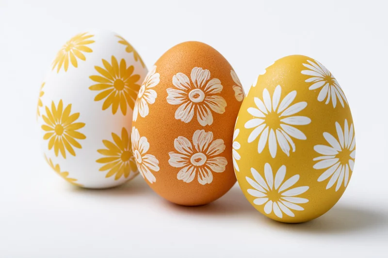 Three hand-painted easter eggs with floral patterns arranged in a row on a white surface