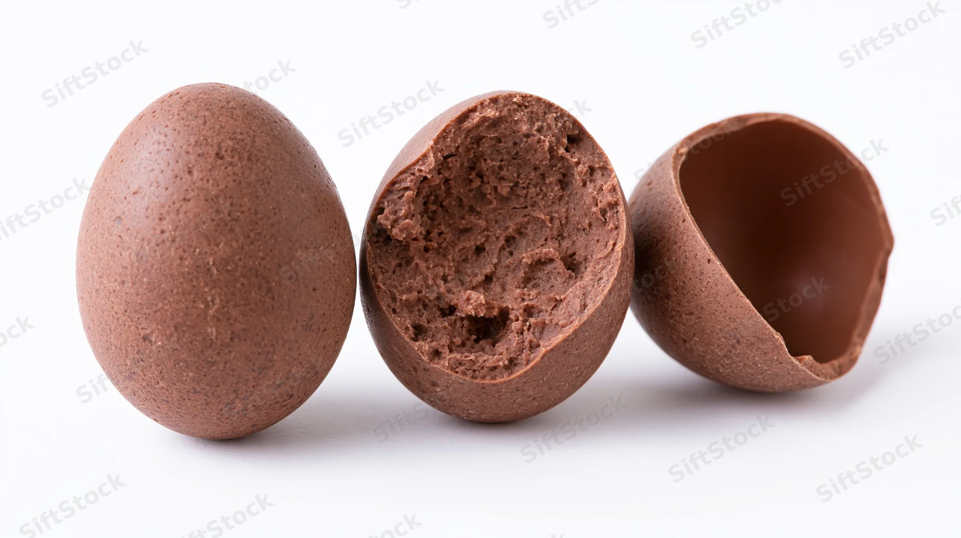 Three milk chocolate easter eggs in a row, one whole, one broken open, one hollow shell, on white background