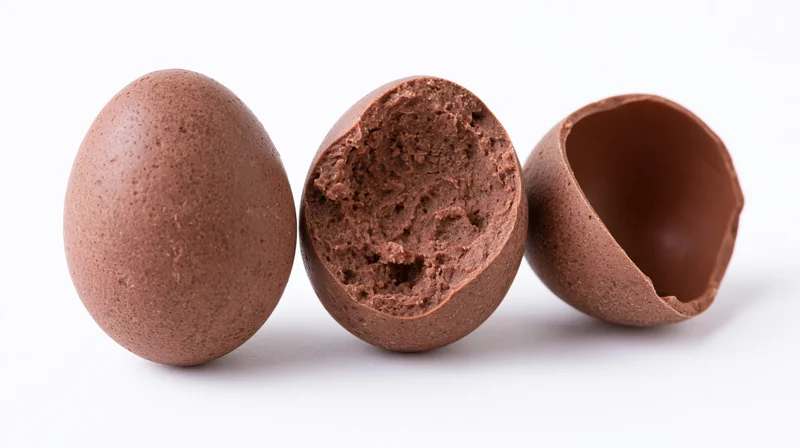 Three milk chocolate easter eggs in a row, one whole, one broken open, one hollow shell, on white background