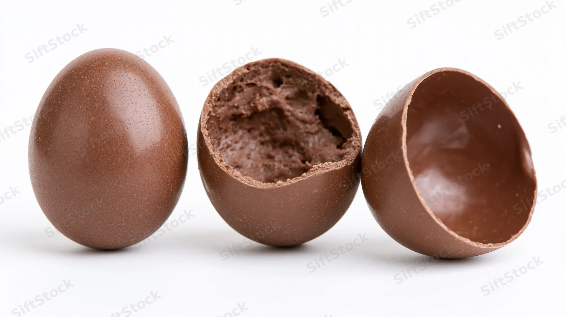 Three milk chocolate easter eggs in a row, one whole, one broken open showing hollow interior, on white background