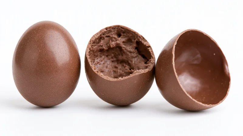 Three milk chocolate easter eggs in a row, one whole, one broken open showing hollow interior, on white background