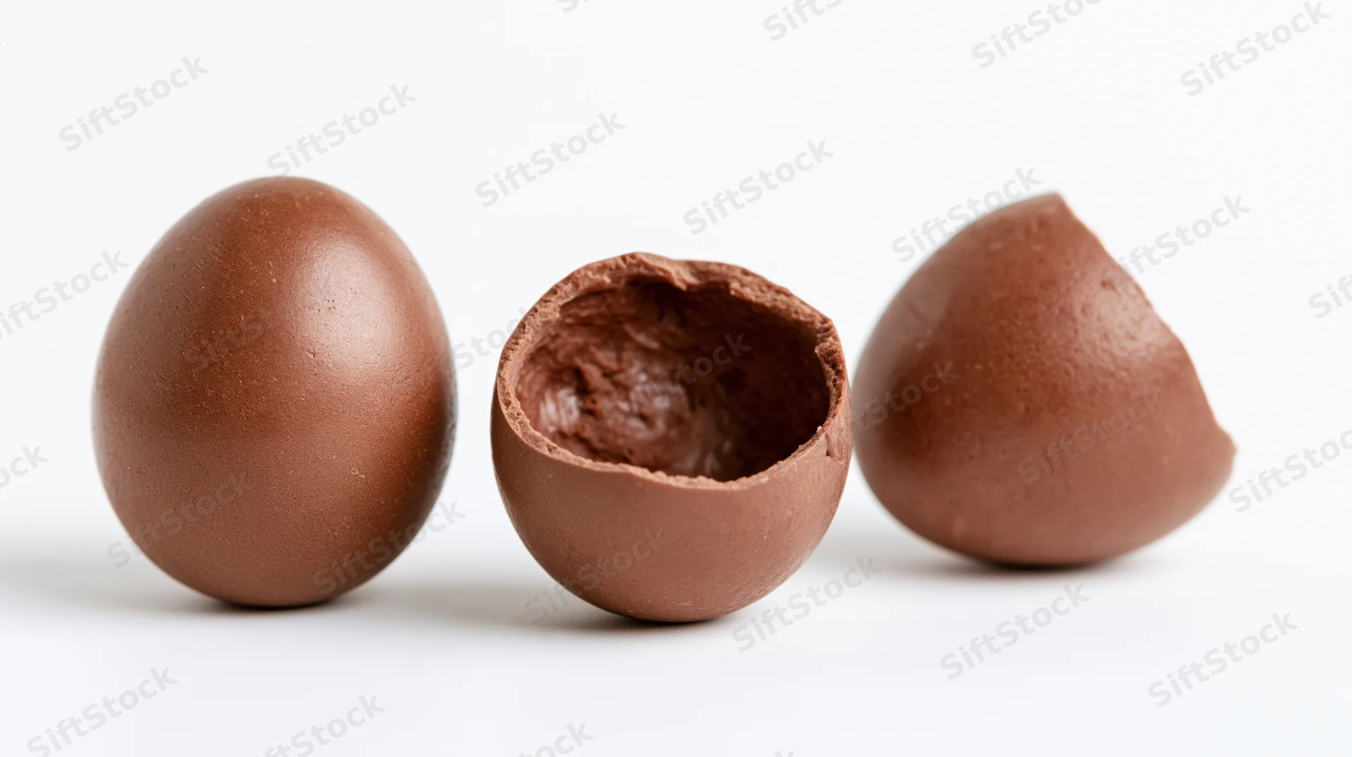 Three milk chocolate easter eggs in a row, one broken open, on white background