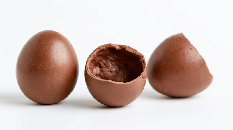 Three milk chocolate easter eggs in a row, one broken open, on white background
