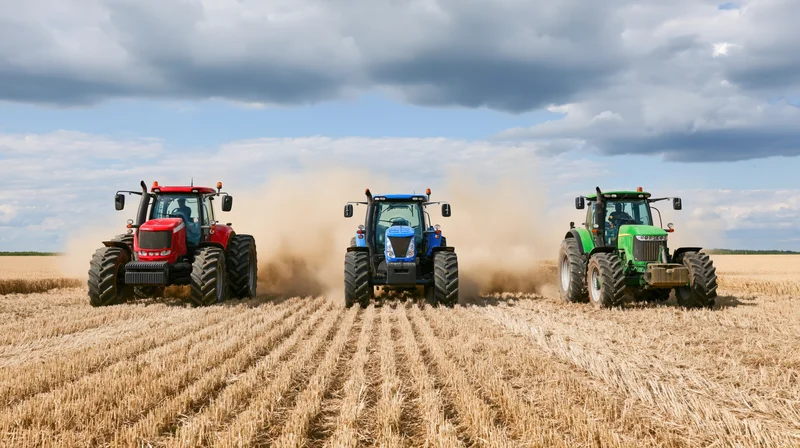 Three tractors driving side by side in a harvested field under cloudy sky