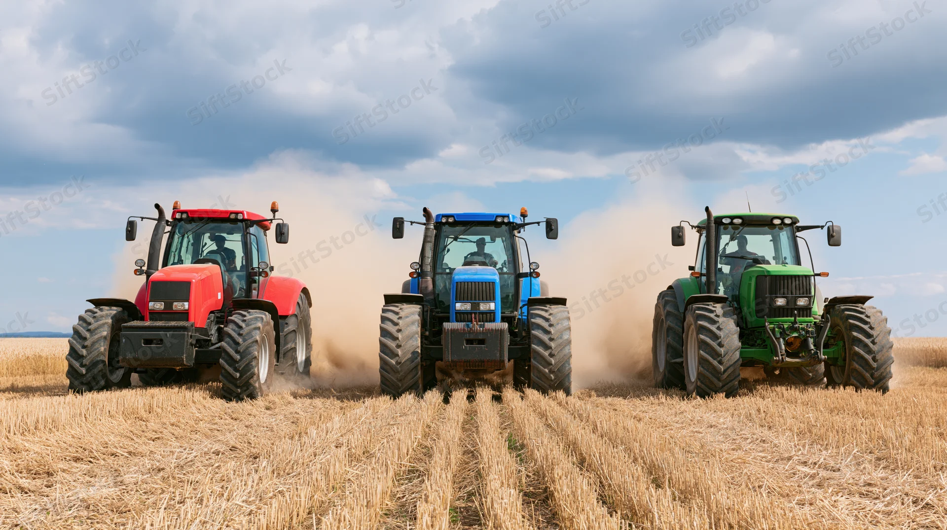 Three tractors driving side by side through a harvested field kicking up dust under a cloudy sky