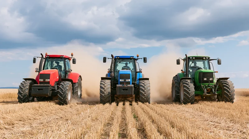 Three tractors driving side by side through a harvested field kicking up dust under a cloudy sky