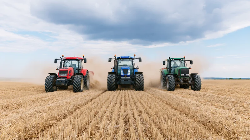 Three tractors driving side by side across a harvested field under a cloudy sky