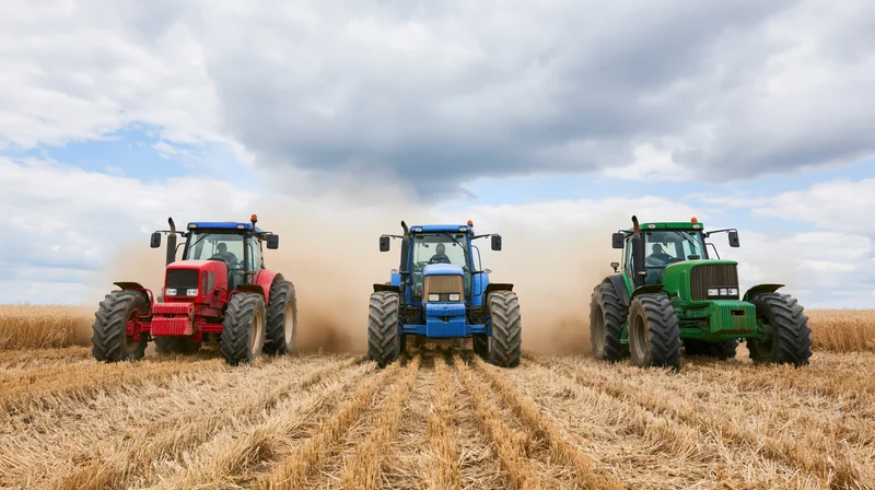 Three tractors driving side by side through a harvested field under cloudy sky