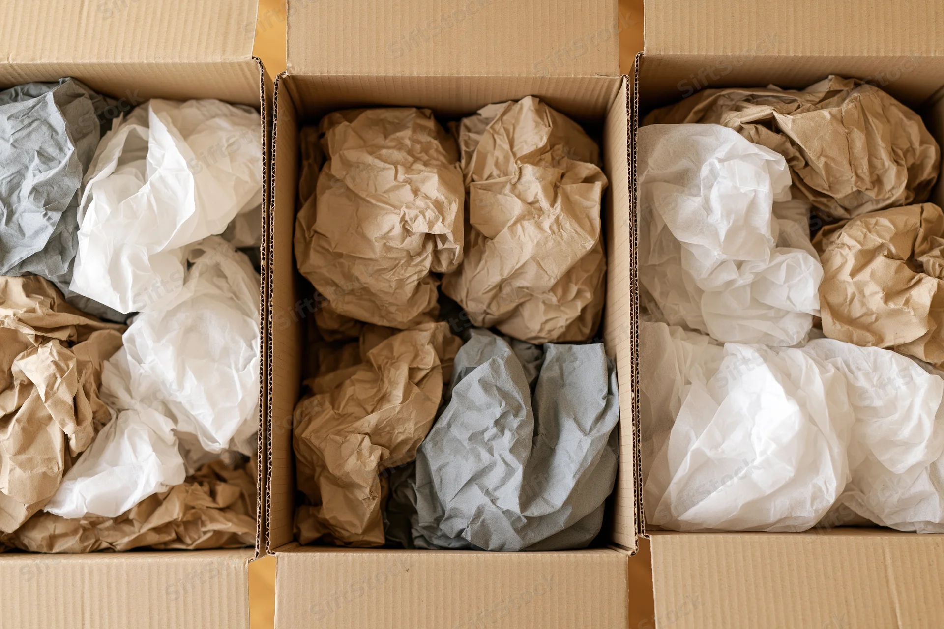 Three open cardboard boxes filled with crumpled kraft and white paper filler viewed from above