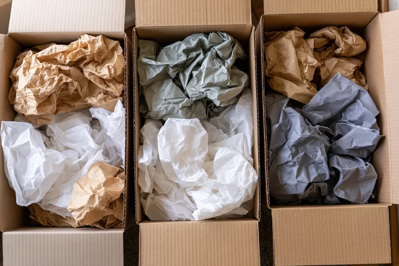 Three open cardboard shipping boxes filled with crumpled kraft and white paper for packaging waste recycling