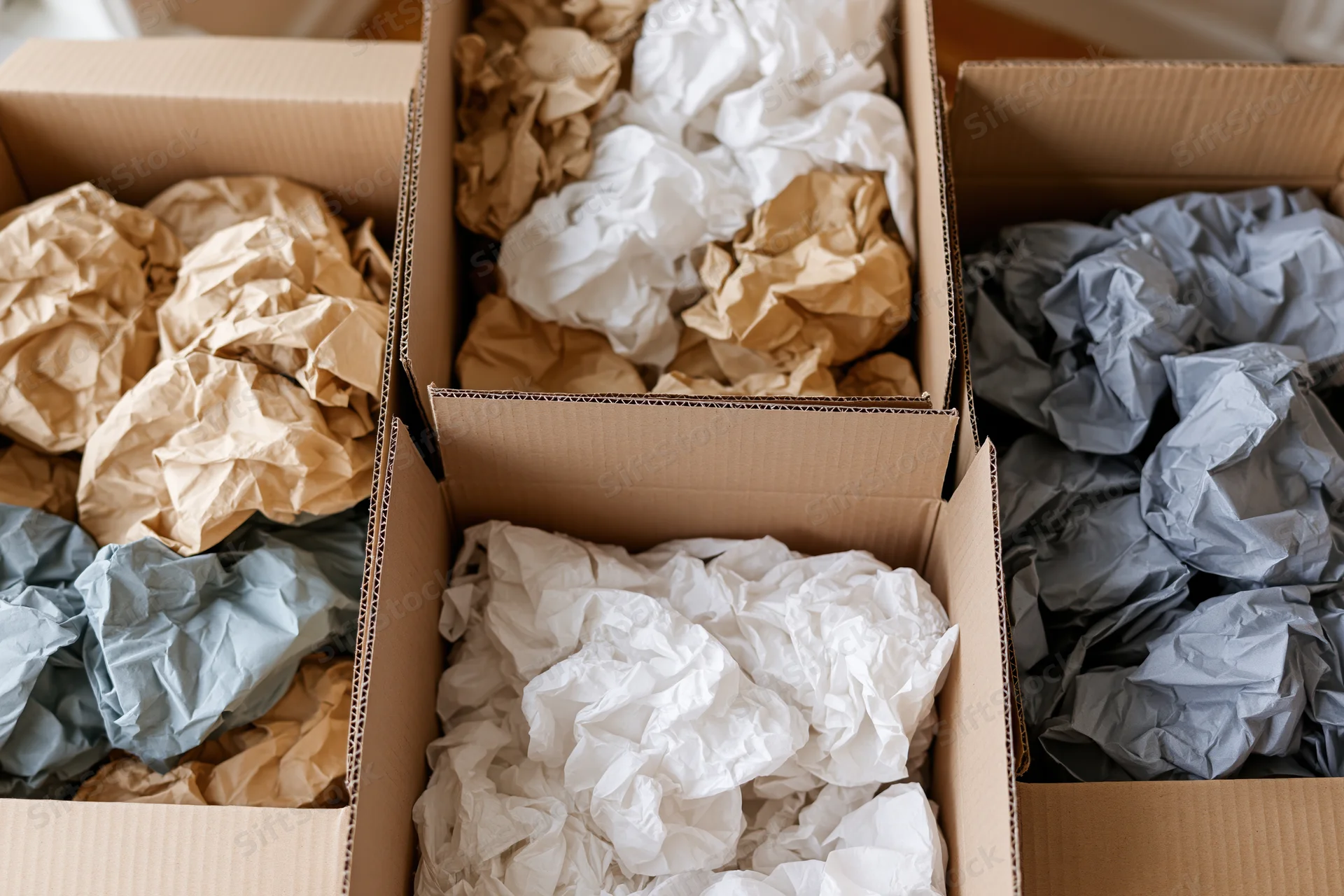 Open cardboard boxes filled with crumpled kraft and white paper for packing and shipping