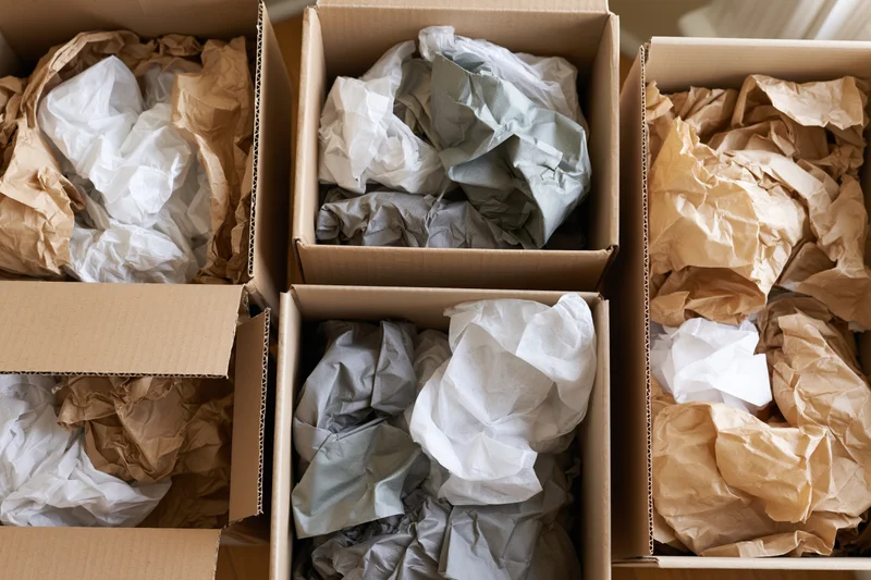 Open cardboard shipping boxes filled with crumpled kraft and tissue paper for protective packaging