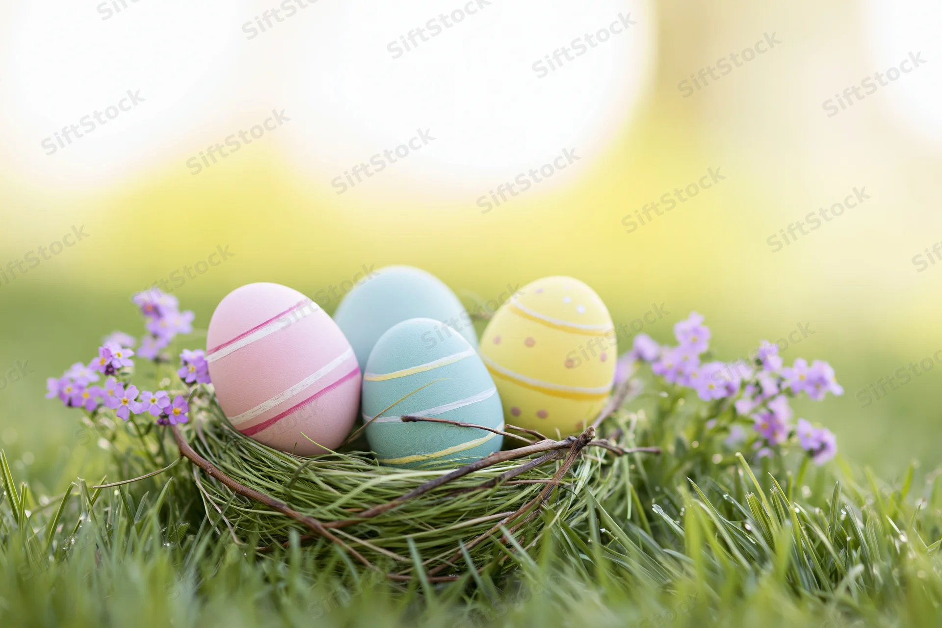 Painted easter eggs in a twig nest surrounded by purple flowers on green grass