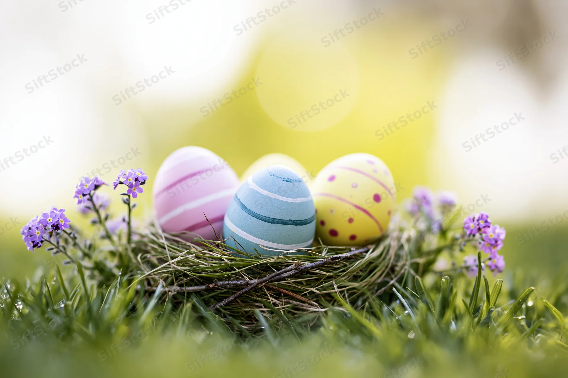 Three painted easter eggs in a twig nest on green grass with purple flowers