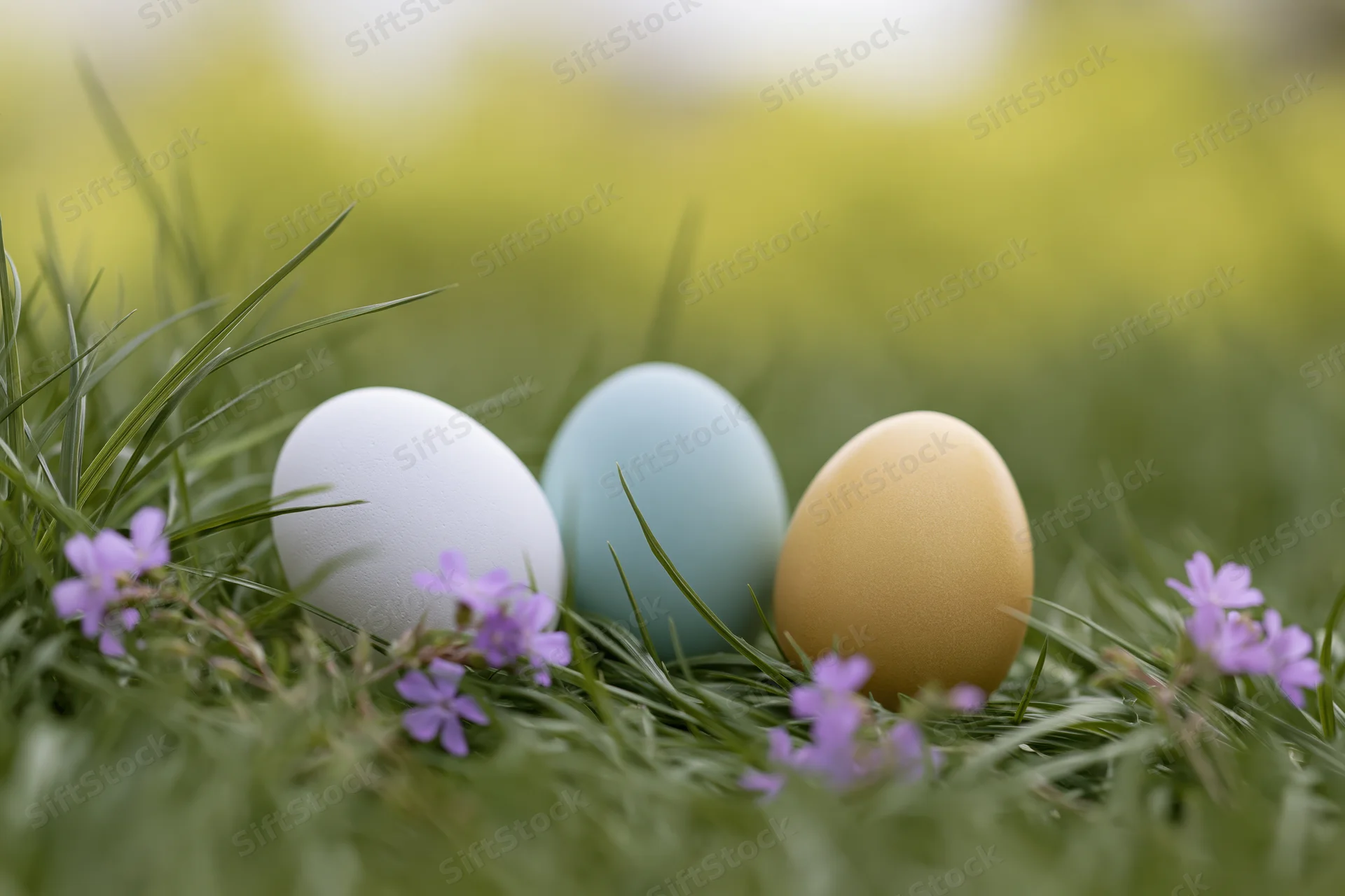 Three pastel-colored easter eggs resting in green grass with purple flowers