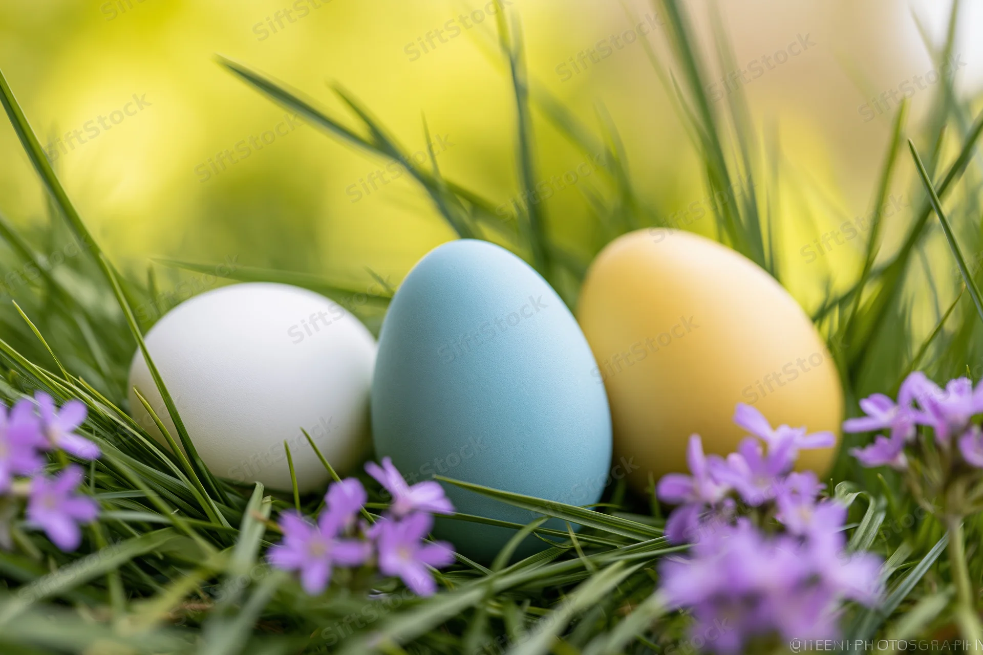 Three pastel-colored easter eggs nestled in green grass with purple flowers around them