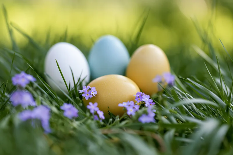 Pastel-colored easter eggs nestled in green grass with purple flowers