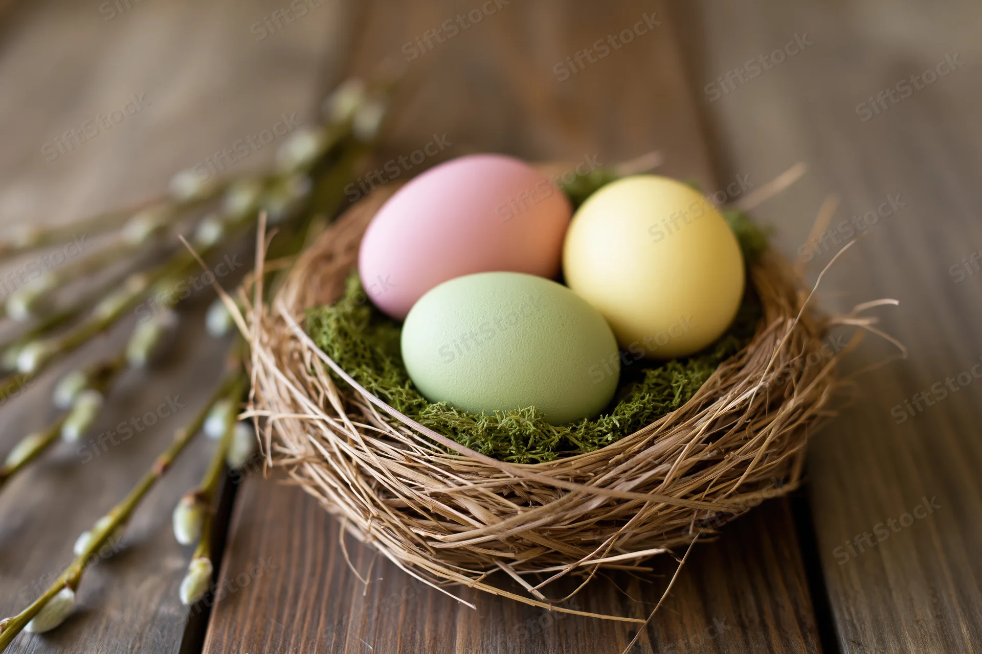 Three pastel-colored easter eggs in a straw nest lined with moss on a wooden table beside willow branches