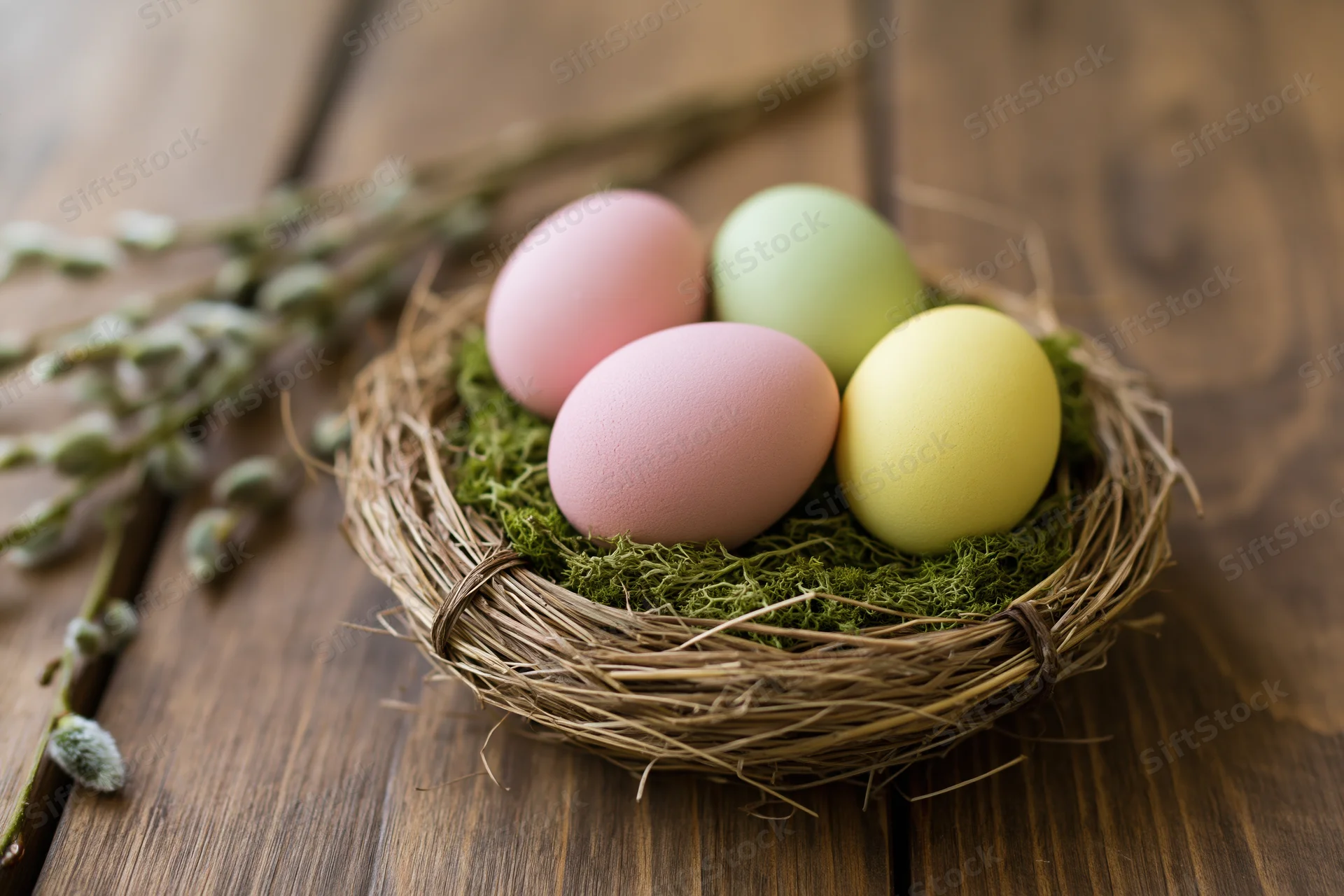 Pastel-painted easter eggs in a straw nest with moss on a wooden table beside a willow branch