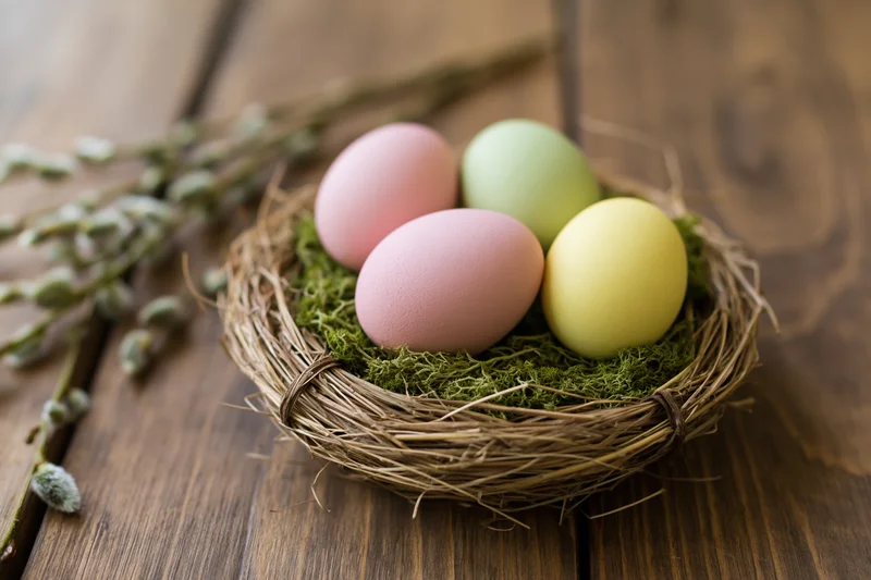 Pastel-painted easter eggs in a straw nest with moss on a wooden table beside a willow branch