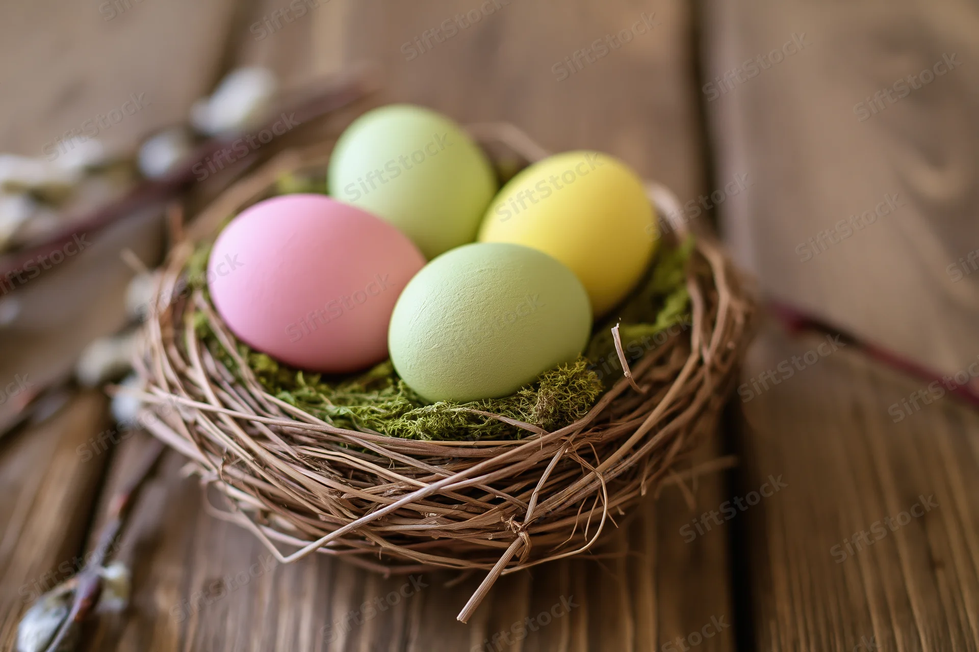 Pastel-painted easter eggs in a woven nest lined with moss on a wooden table