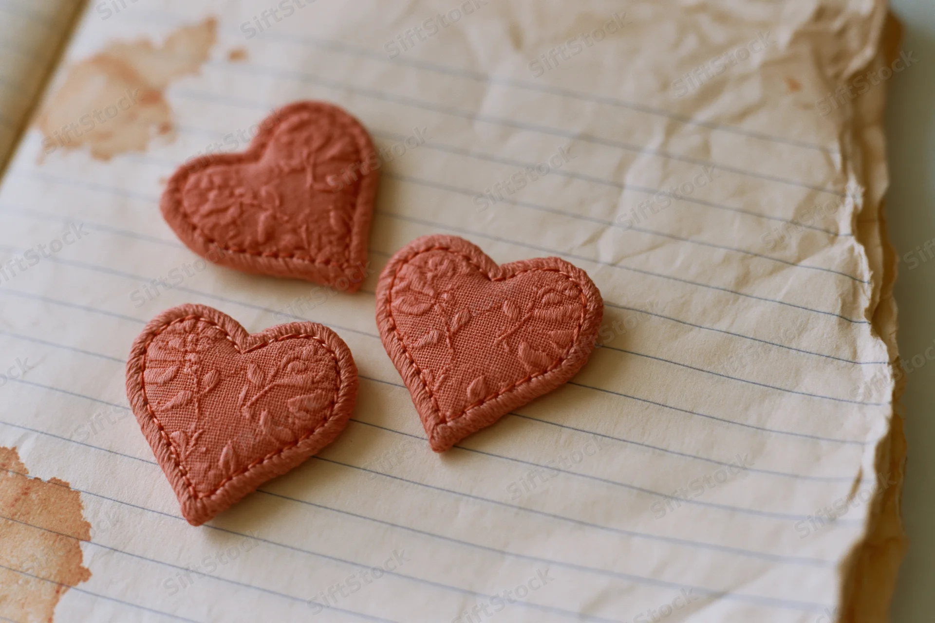 Three embroidered fabric hearts on crumpled lined paper with stains
